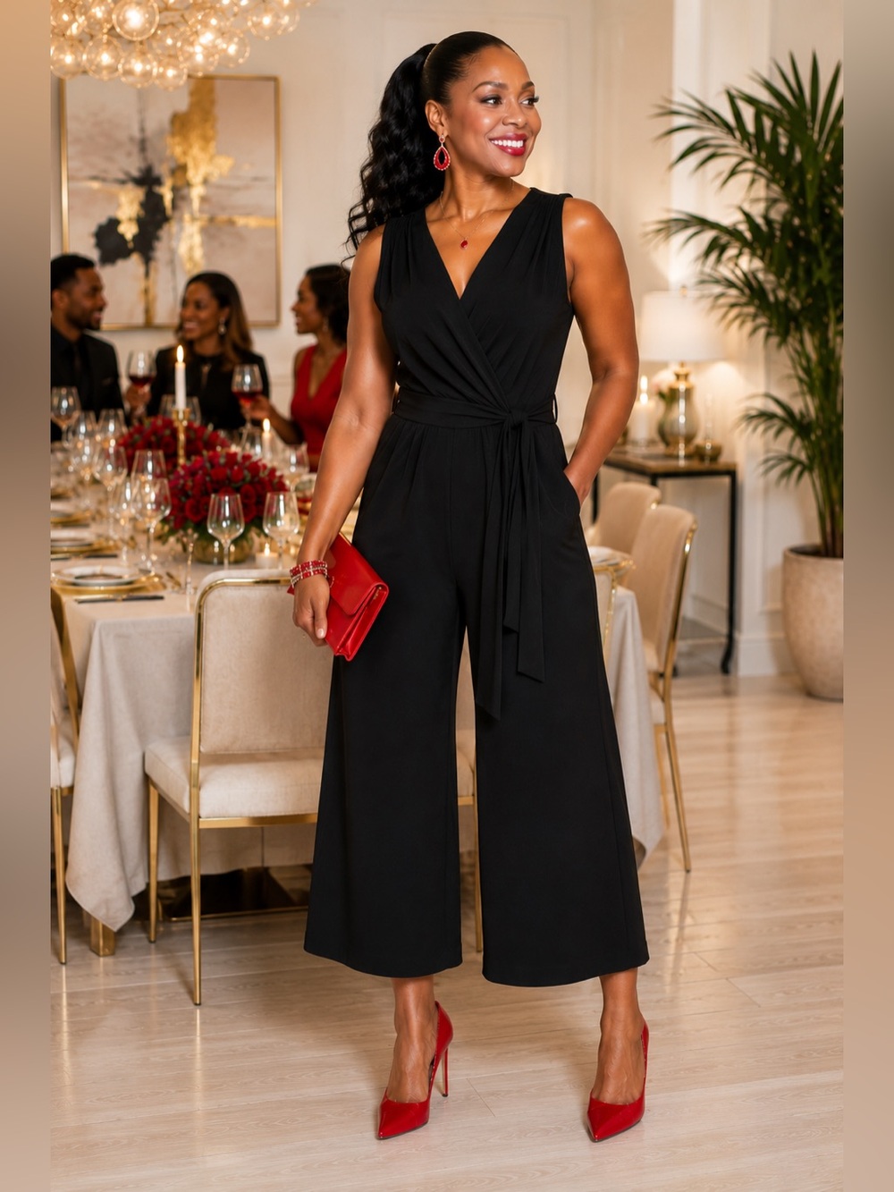 Tiana B Black Faux Wrap Sleeveless Jumpsuit Wide Leg Side Tie